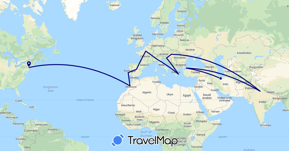 TravelMap itinerary: driving in Spain, France, Greece, Croatia, Hungary, India, Iran, Italy, Morocco, Portugal, Turkey, United States (Africa, Asia, Europe, North America)