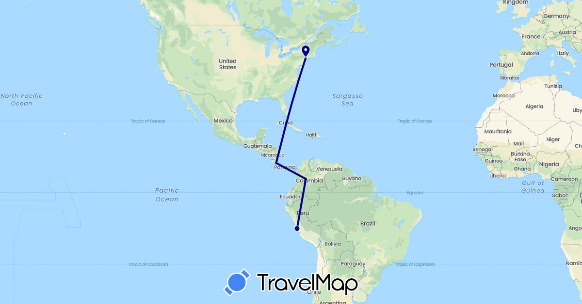 TravelMap itinerary: driving in Colombia, Costa Rica, Peru, United States (North America, South America)